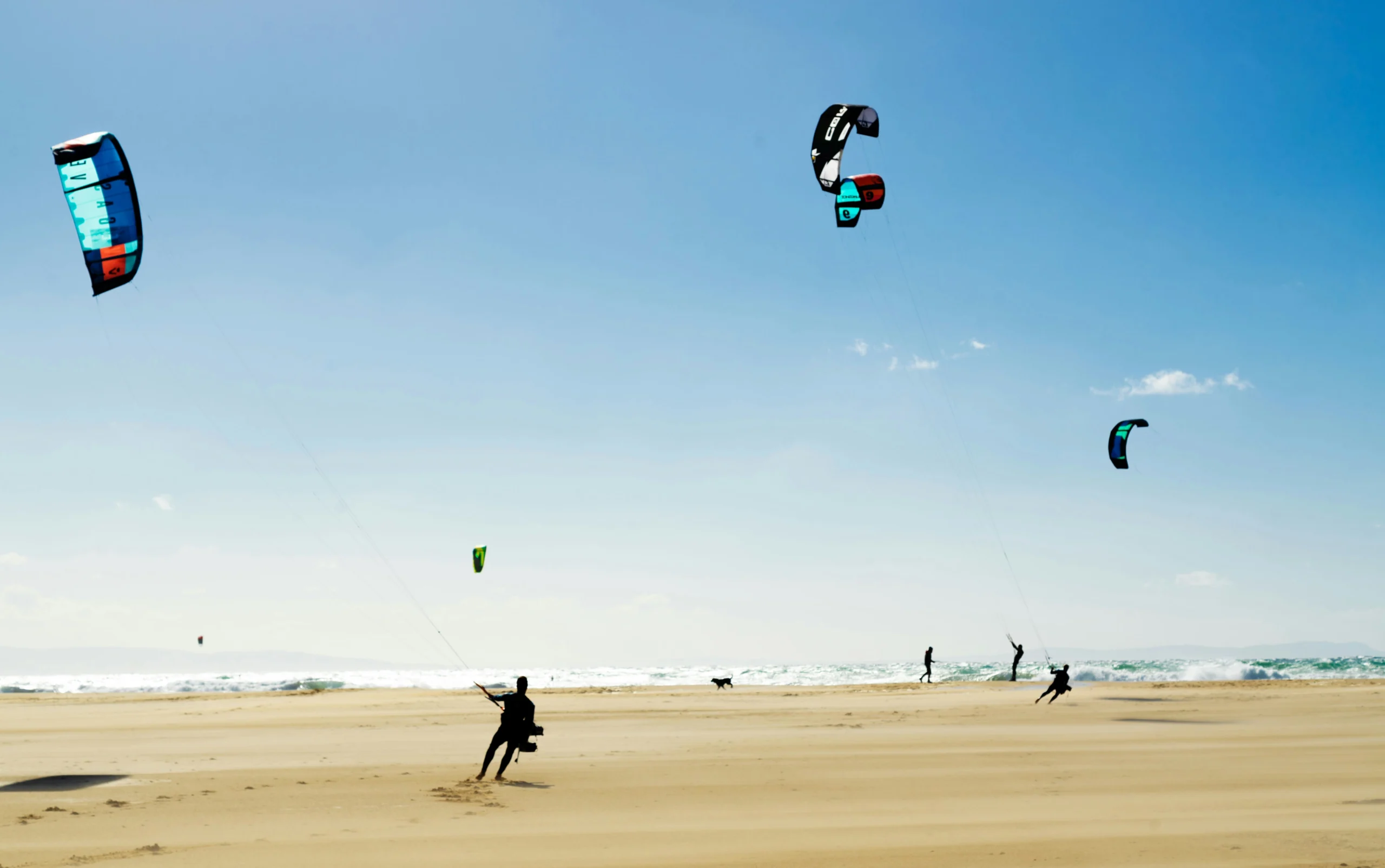 Kitesurfers riding the wind on the sandy shores of Tarifa, Spain. The clear blue sky and rolling waves make this coastal town a world-famous destination for water sports and adventure.