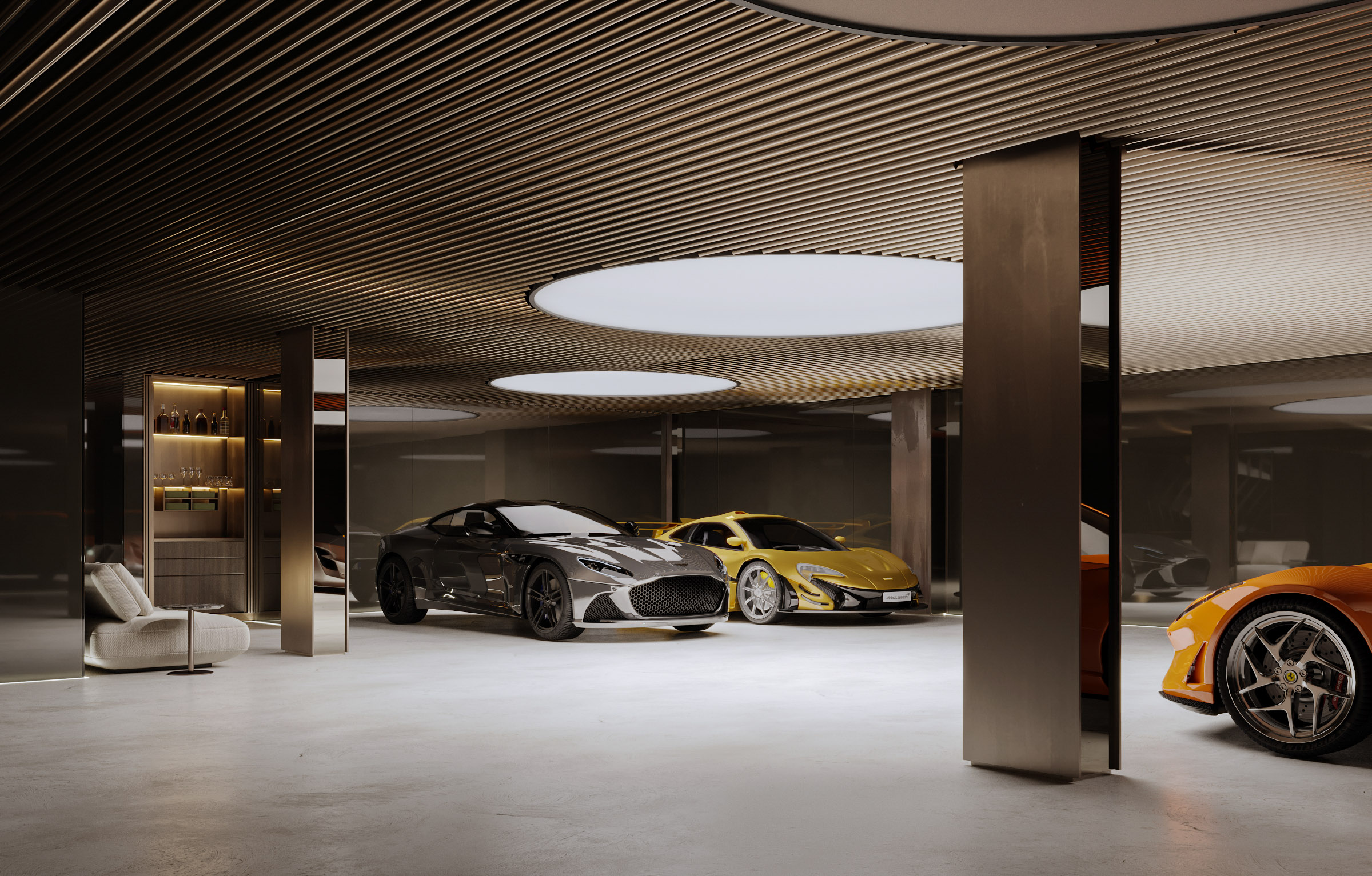 Private supergarage with luxury sports cars, ambient lighting, mirrored walls and lounge bar.