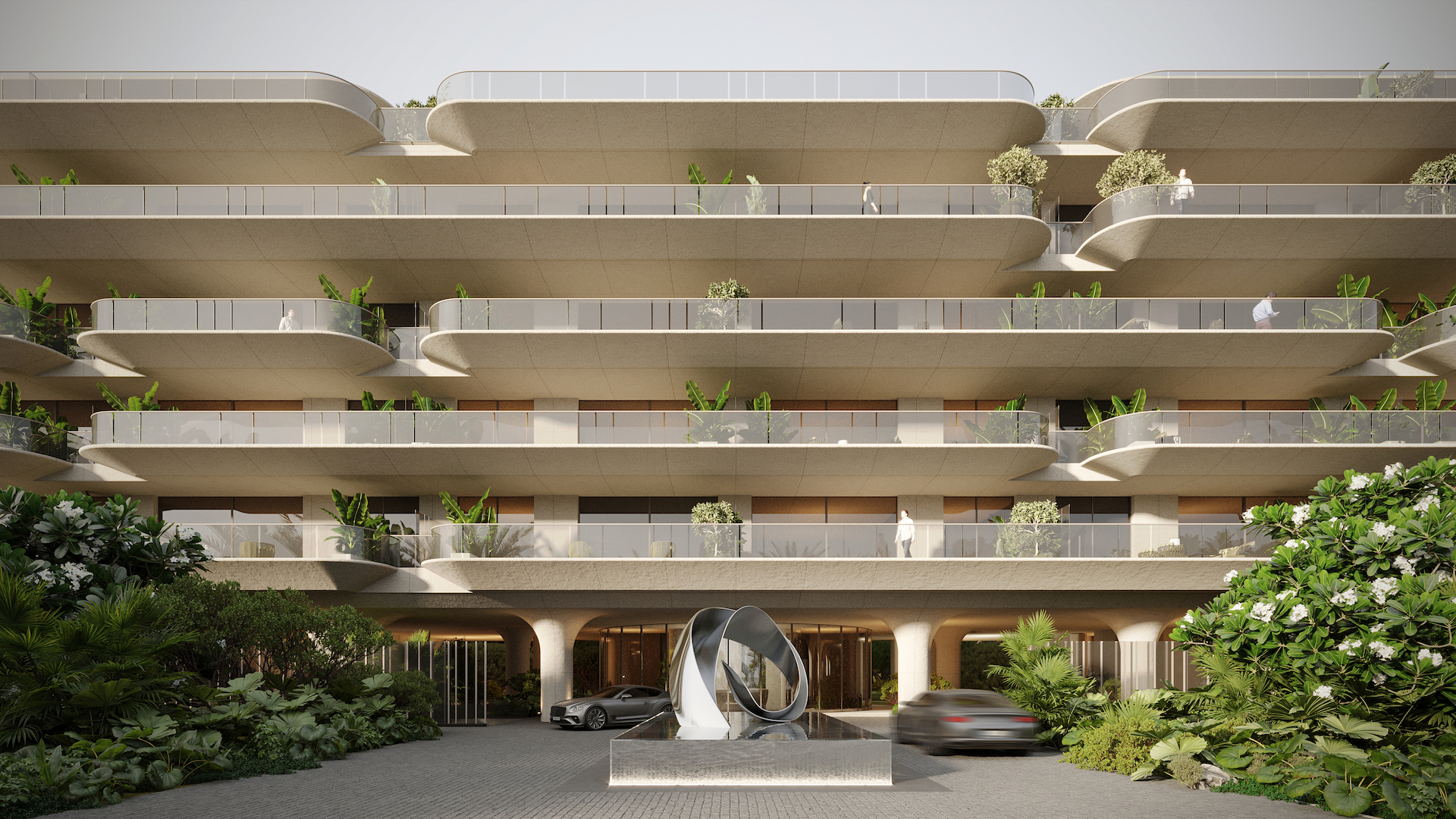 Modern building with undulating balconies, lush greenery, and a contemporary sculpture at the entrance.