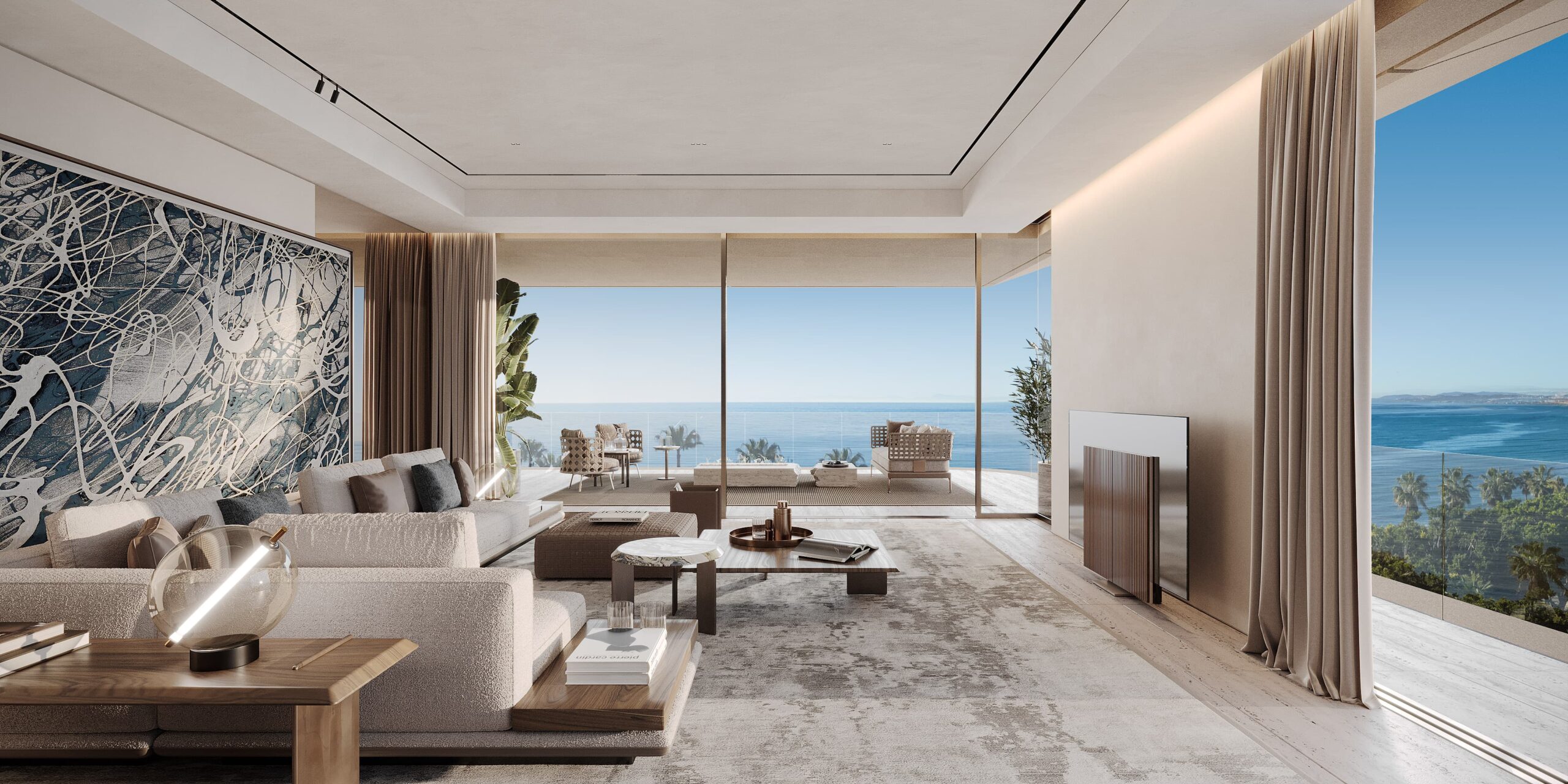Open-plan penthouse living room with travertine floors and floor-to-ceiling glazing, extending onto panoramic terraces with sea and mountain views.