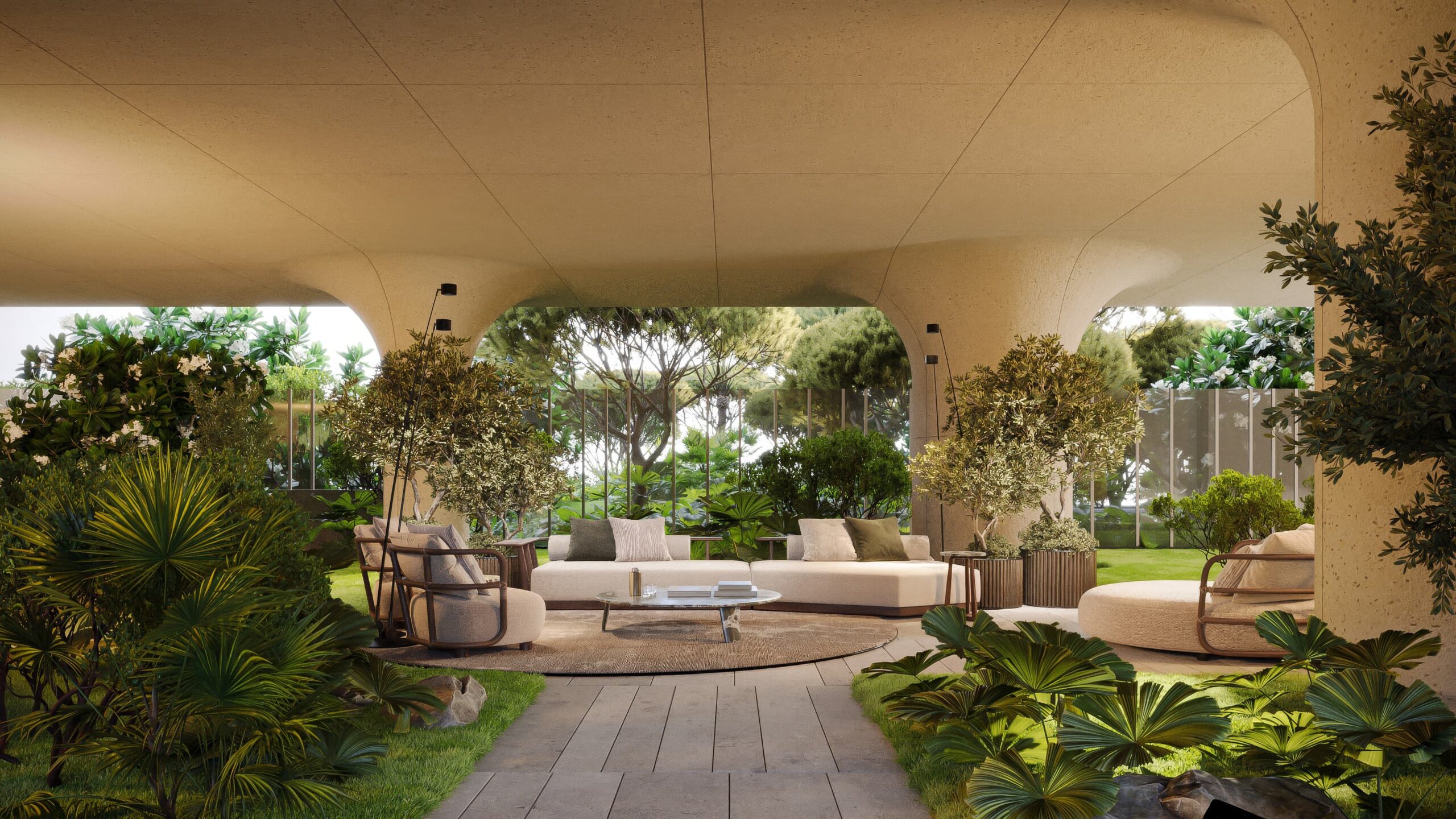 Lush Mediterranean gardens with shaded walkways and native landscaping, offering privacy and natural beauty within Tyrian Residences.