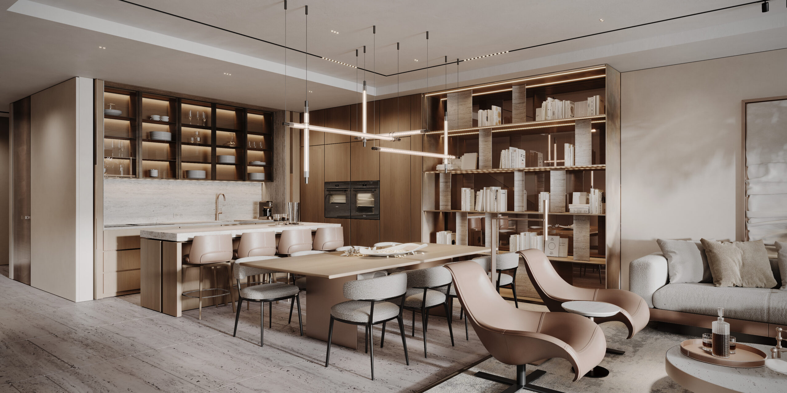 Spacious living room with Poliform kitchen and open plan layout